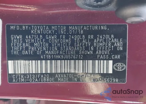 2018 Toyota Camry Le z USA, uszkodzony, nr VIN 4T1B11HK9JU576712